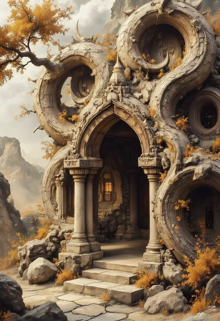 Dragon
Futuristic and Vintage stylized
desert �﷿ pebleo adobe
Fallen petrified tree turned into house
Stone art
Dramatic lighting
Cinematic
Epic composition
magical, ,bright, , Magical beautiful background fantasy, hyper-detailed hypermaximalist dynamic style
Scales texture style, realism, detailed,
Dramatic lighting
Cinematic
Epic composition
Magical background
ArsMJStyle, Zen Ink Wash Sumi-e
bo-golden
White background
, asian architecture