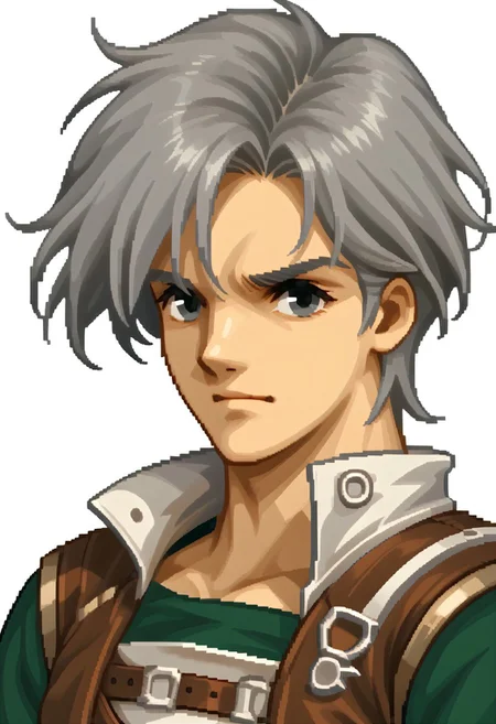 score_9, score_8_up, score_7_up, source_furry, fe4portraits, portrait, white background, pixel art, natgra2, gray eyes, short hair, silver hair, green shirt, brown leather vest, silver belts, white gloves, silver chest plate,