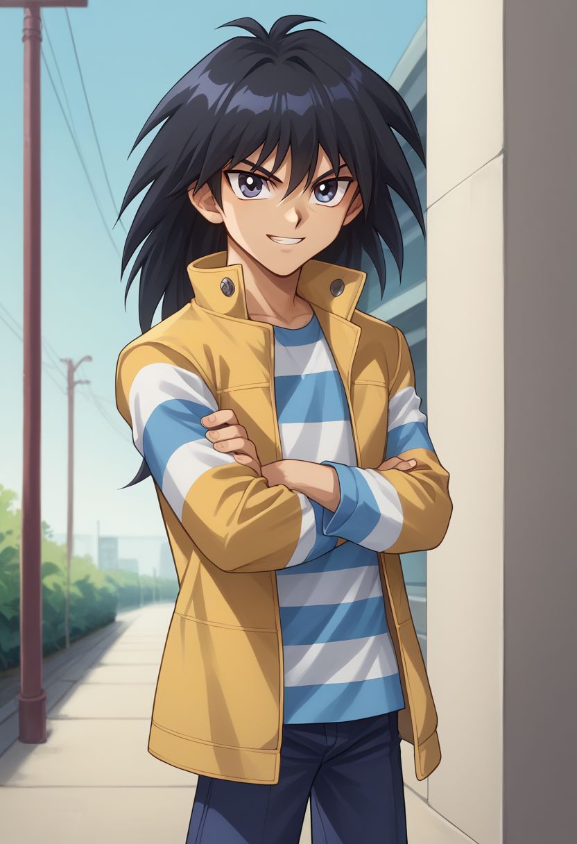 score_9, score_8_up, score_7_up, source_anime, highly detailed,
mokuba, solo, 1boy, male focus, striped shirt, crossed arms, shirt, striped, smile, long sleeves, jacket, sleveless jacket, yellow jacket, long hair, grin, pants, black hair, looking at viewer, upper body,
outside,