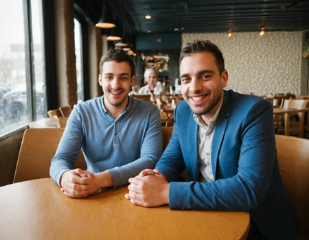 multipeoplelora, 3men, sitting in restaurant, portrait, happy