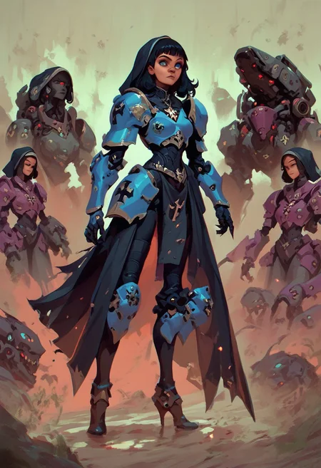 score_9, score_8_up, score_8_up, Battle nun, portrait, blue eyes, black hair, beautiful, long legs, mech armor, demonic