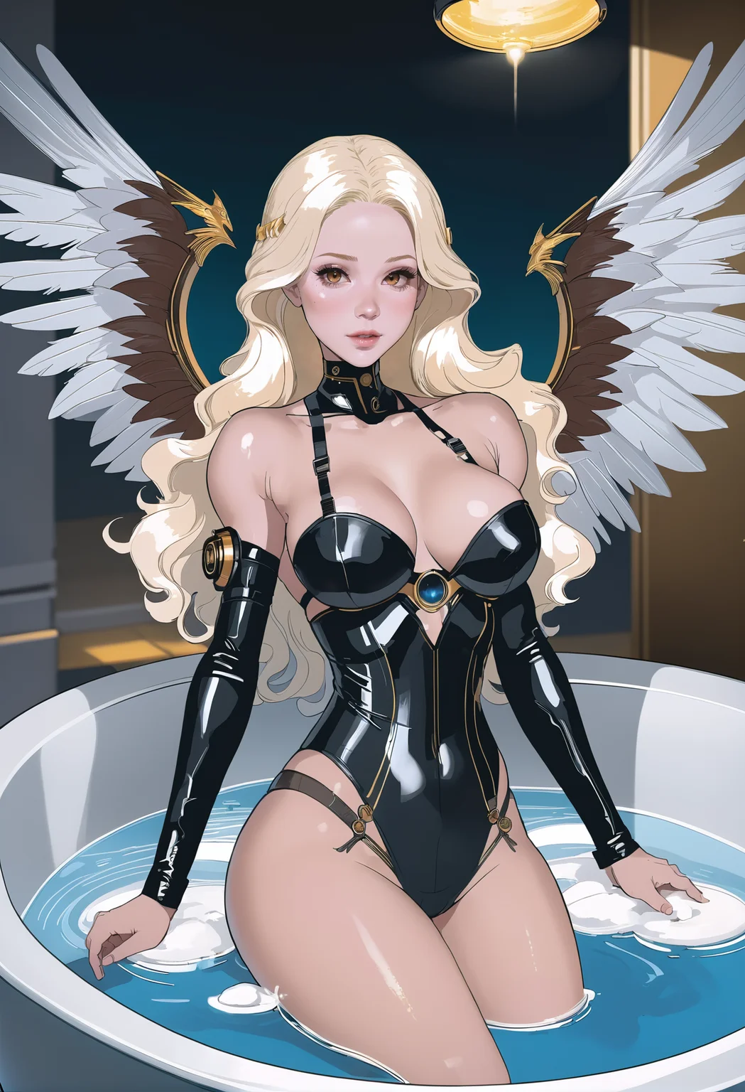 __general_aesthetic__ (brilliant Lunarpunk:1.3) angel, full body, [:revealing costume design,:0.2], official art, albino,  brown lighting from below, in a indoor bath, bombshell hair, vivid black hair, bombshell hair, sitting on lap