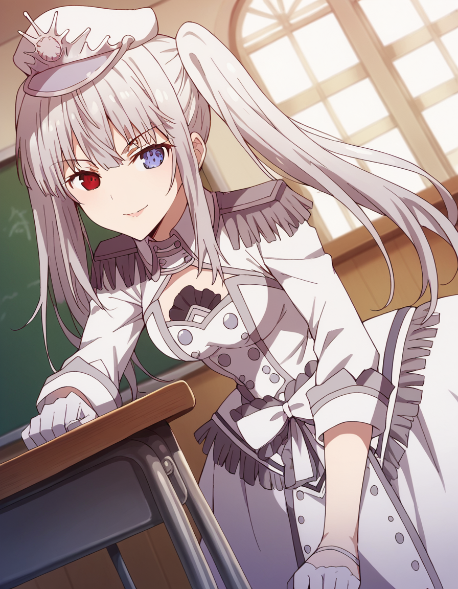 score_9, score_8_up, score_7_up, source_anime,
whitequeen, <lora:white-queen-movie-ponyxl-lora-nochekaiser:1>,
white queen, long hair, bangs, twintails, white hair, heterochromia, red eyes, blue eyes,
gloves, long sleeves, hat, dress, bow, frills, white gloves, white dress, white headwear, epaulettes, half gloves,
indoors, classroom, bent over, smile,
solo, dutch angle, looking at viewer, cowboy shot,
