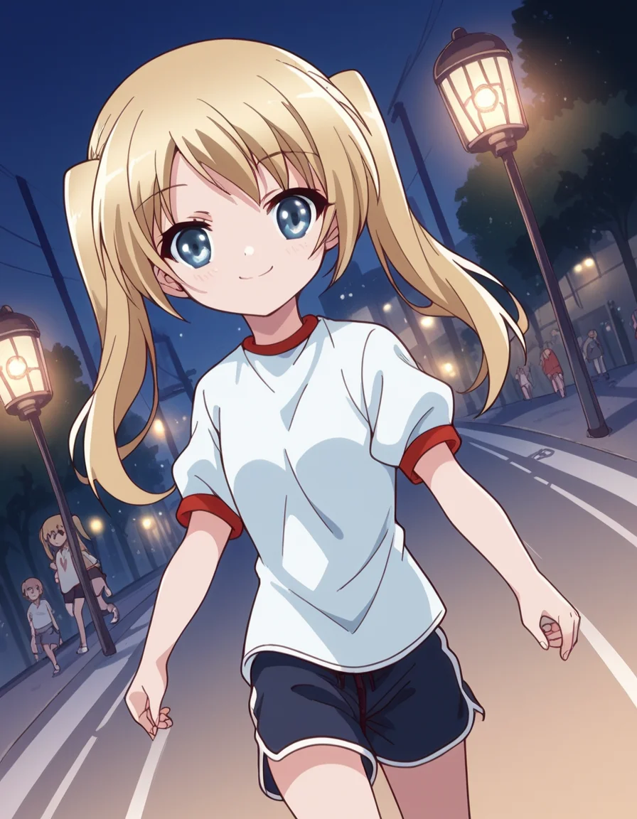 score_9, score_8_up, score_7_up, source_anime, <lora:maho-misawa-s1-ponyxl-lora-nochekaiser:1>, maho misawa, long hair, blue eyes, blonde hair, twintails,, gym uniform, shorts, black shorts, dolphin shorts, city street, evening, streetlights, walking dog, quiet neighborhood, gentle breeze, smile, v,, looking at viewer, solo,, dutch angle, cowboy shot