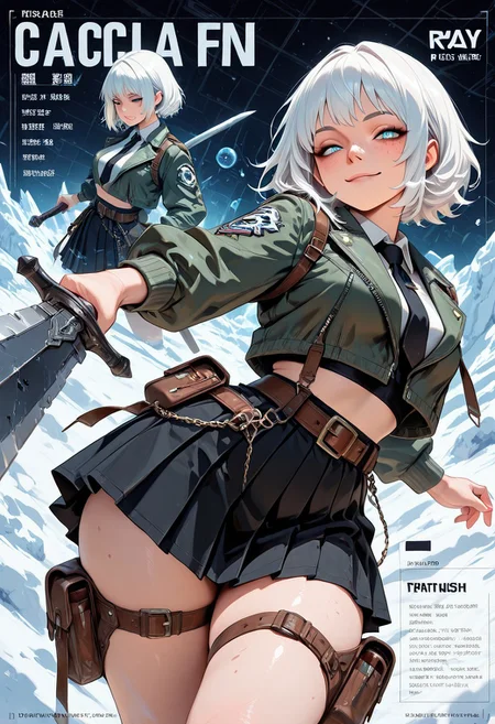 highres, very detailed, amazing quality, masterpiece,
very aesthetic,
particle effect,
1girl, detailed face, freckles, holding sword, oversized weapon, engraved, chains, fusion, green jacket, belts, black tie, black skirt, pleated skirt, jacket, midriff, puches, thigh pouch, white hair,
looking at viewer, curvy, seductive smile,
action pose, dynamic angle, dynamic pose,
Close up, depth of field, ray_tracing, cowboy shot, motion blur, foreshortening, cyberspace, surreal, very aesthetic, glacier,
multiple views sheet, reference sheet, character profile, character chart, multiple views, turnaround, stats, notes, zoom layer,