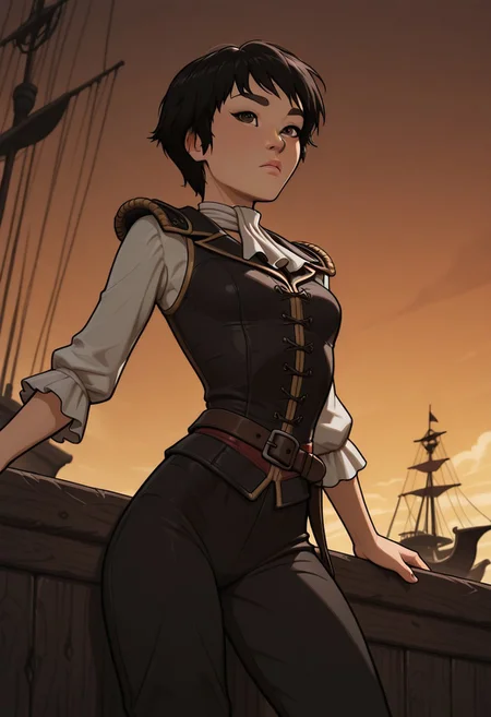 masterpiece,best quality,amazing quality,newest, absurdres, highres, detailed eyes, beautiful, perfect eyes, finely detailed face, very aesthetic, anime coloring, anime screencap, incoth, (incase:0.6), (depth of field)
1girl,
KimmyDKov, short hair, black hair, brown eyes, slim, small breasts,
pirate clothes,
dynamic pose, dutch angle,
medieval setting, pirate ship,