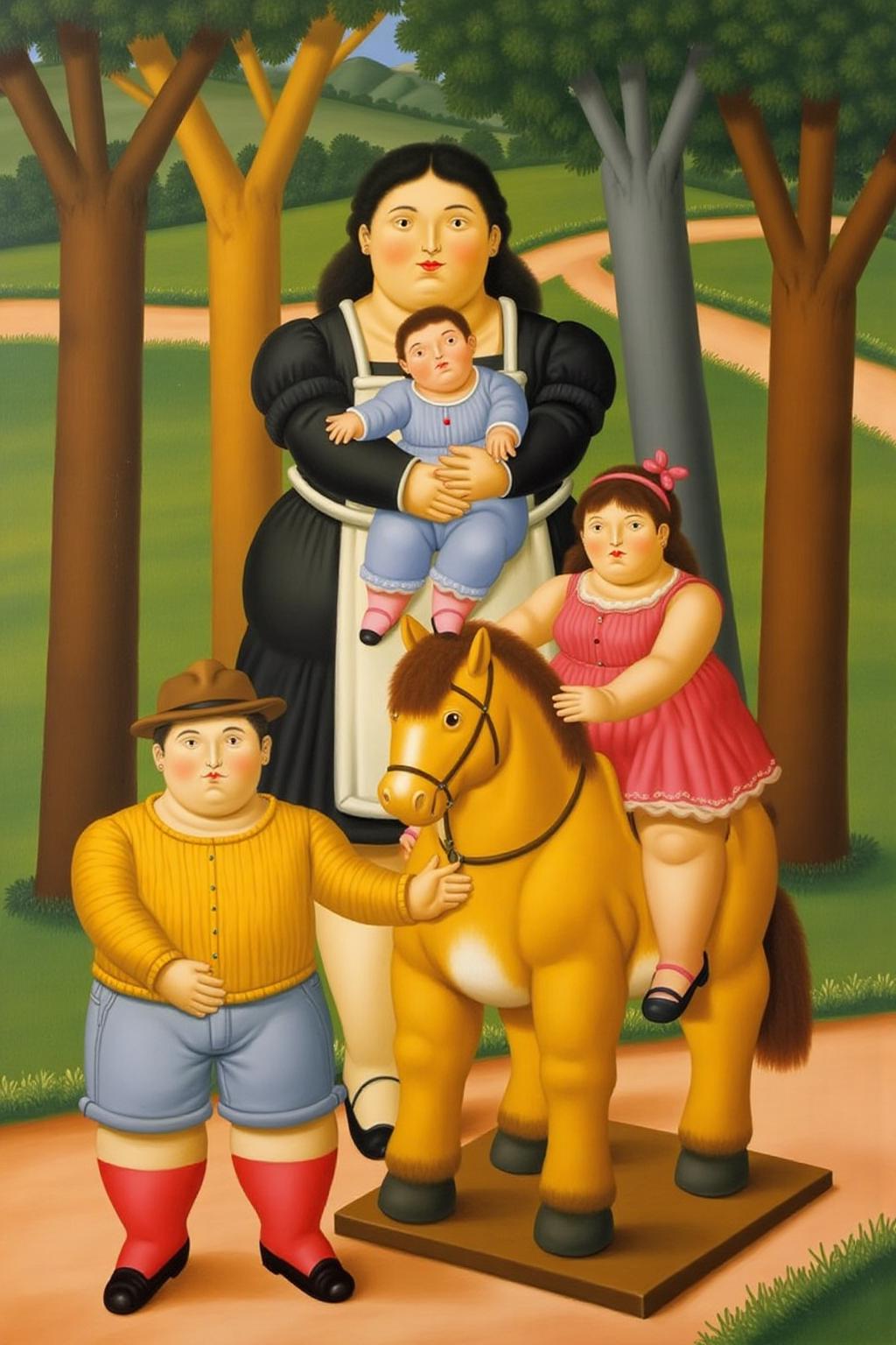 fernandobotero1 painting.
A maid with dark hair stands in a lush, green park with tall trees and a winding path. She is dressed in a traditional maid's outfit with a white apron over a black dress. She is holding a baby in her arm. There is a boy and a girl on a wooden horse in front of the maid.
 <lora:fernandobotero1_cap_d6a3e7:1.0><lora:840276245410335858:0>