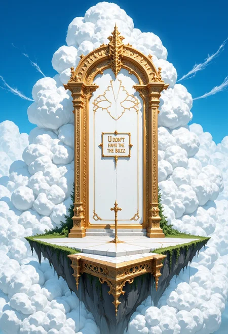 A big celestial door, the door looks colossal, the door color is white and there are golden runes on it, the door is located in a small island, even though it's an island the door is so big that the island seem too small to contain the door, in the middle of the door there is sign that says: "U don't have the buzz O U don't have the buzz", the island is in the middle of a sky, it's a floating island,
the background is at noon, the sky is bluish with white cloud surrounding the island, An1meL1nes,
score_9, score_8_up, score_7_up, score_6_up, source_anime, masterpiece, best quality, skindentation, anime artwork, intricately detailed photorealism, very detailed, highly detailed texture, cinematic illumination, volumetric lighting, detailed face, detailed skin, detailed eyes, rating_explicit, concept art, absurdres, highres, hd, ultra hd quality details, solo focus