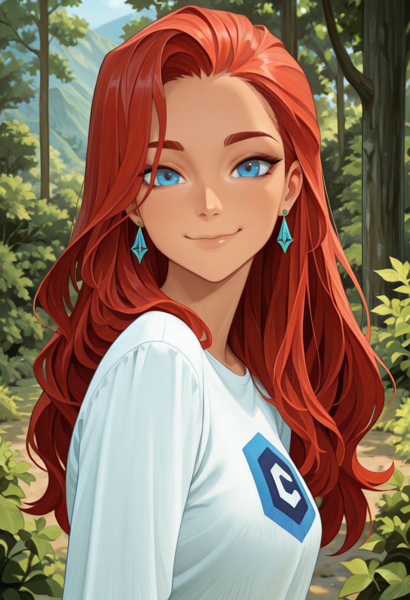 masterpiece, best quality, amazing quality,<lora:civitlogoIllustrious:1>
<lora:afkArenaIllustrious:1> afkarenastyle, 1girl, female, solo, portrait, female focus, red hair, blue eyes, long hair, light skin, smile, looking at viewer, outdoors, beautiful, shirt with civitailogo  , earrings, green trees