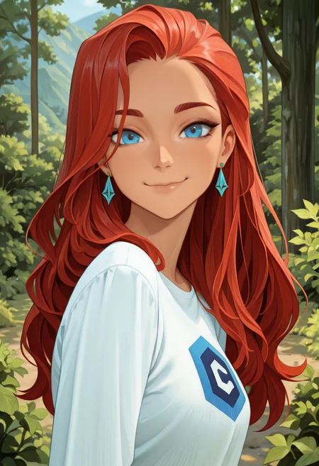 masterpiece, best quality, amazing quality,<lora:civitlogoIllustrious:1>
<lora:afkArenaIllustrious:1> afkarenastyle, 1girl, female, solo, portrait, female focus, red hair, blue eyes, long hair, light skin, smile, looking at viewer, outdoors, beautiful, shirt with civitailogo  , earrings, green trees