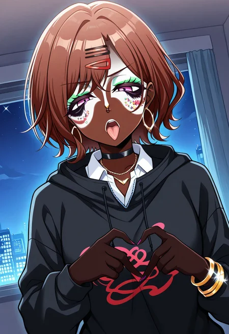 Score_9,score_8_up,score_7_up,score_6_up,source_anime,masterpiece, best quality, 4k, absurdres, 8k,detail,1girl,solo,neon glow,hoop earrings,dark-skinned female,ggr,(jet-black skin:1.2) BREAK
(yamanba, white facepaint makeup:1.3),face stickers,star stickers, heart stickers, eyeshadow, very dark skin, (glitter, long thick eyelashes),(green makeup),  BREAK
higuchi madoka, short hair, brown hair, purple eyes, hairpin, BREAK 
white shirt, collared shirt, hood, sweater, open black hoodie, collared shirt, gold bracelets, necklaces,choker,accessories, hair ornament,
4-finger heart hands,
(indoors:1.1),(night:1.2),room, (upper body), Dutch Angle Shot, (dynamic pose:1.2), face focus, eyes focus, BREAK 
Expressiveh,half-closed eyes, horny face, irritable, frowning,  open mouth, tongue out, tongue, BREAK OverallDetail,Frontlight,