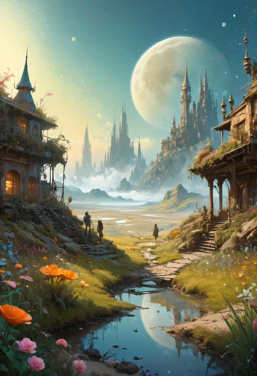 (2\3 rule composition:0.5)masterpiece,detailed hyperrealism,Craig Mullins,Jon Burgerman,geof darrow,jean-baptiste monge style , art by android jones,8k, (art style of and Bahgat Osman:1.2), Luis Royo, Carne Griffiths, Todd McFarlane, wonderful pastel colored Utopia by  by android jones,8k, Andy Kehoe,Yoshikata Amano, Ismail Inceoglu, Russ Mills, Victo Ngai, Bella Kotak, intricately hyperdetailed, light reflection, luminous color,  jean-baptiste monge,grass,sand and stones on the ground,(small debris, stones, and flowers:1.1),clear sky,big moon-planet in the sky, blurred smokey background of a fairy-tale fantasy landscape,volumetric fog,smoke,haze,rust,epic,shallow depth of field,very detailed,glow effects,godrays,Hand drawn,render,8k,octane render,cinema 4d,blender,dark,atmospheric 8k ultra detailed,cinematic,Sharp focus,Masterpiece,3d octane render,8k,concept art,trending on artstation,extremely detailed CG unity 8k wallpaper,trending on CGSociety,Intricate,High Detail,dramatic . shallow depth of field, vignette, highly detailed, high budget, bokeh, cinemascope, moody, epic, gorgeous, film grain, grainy, (Thick steel collar:1.5) chain running from collar to ground, wrist shackles,