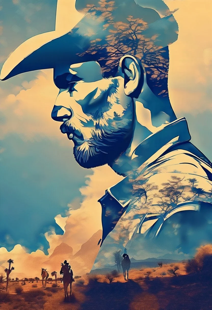 merged, Jed-dblexpsre effect, double exposure, small centered composition, product shot, plain background, art by Kilian Eng, wallpaper art, in the center is an image of death valley arizona, shallow depth of field, enigmatic, cowboy, ultra detailed, drab, stetson, , full color, intricate, beautiful detailed, luxury, beautiful composition<lora:DoubleExposure-000007:1>