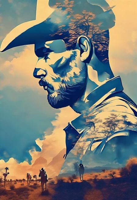merged, Jed-dblexpsre effect, double exposure, small centered composition, product shot, plain background, art by Kilian Eng, wallpaper art, in the center is an image of death valley arizona, shallow depth of field, enigmatic, cowboy, ultra detailed, drab, stetson, , full color, intricate, beautiful detailed, luxury, beautiful composition<lora:DoubleExposure-000007:1>