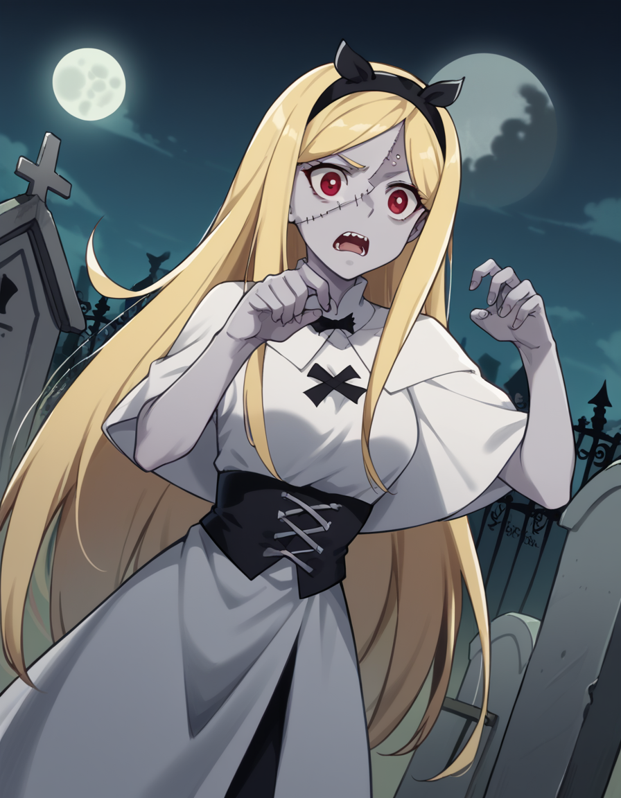 score_9, score_8_up, score_7_up, source_anime, <lora:elizabeth-greenhough-smith-s1-ponyxl-lora-nochekaiser:1>, elizabeth greenhough smith, long hair, blonde hair, red eyes, very long hair, hairband, parted bangs, black hairband, medium breasts,, <lora:zombie-ponyxl-lora-nochekaiser:1>, zombie, colored skin, stitches, grey skin, multicolored skin, stitched face, zombie pose, halloween, halloween costume,, night, moon, graveyard, tombstone, grave, open mouth, , dutch angle, cowboy shot