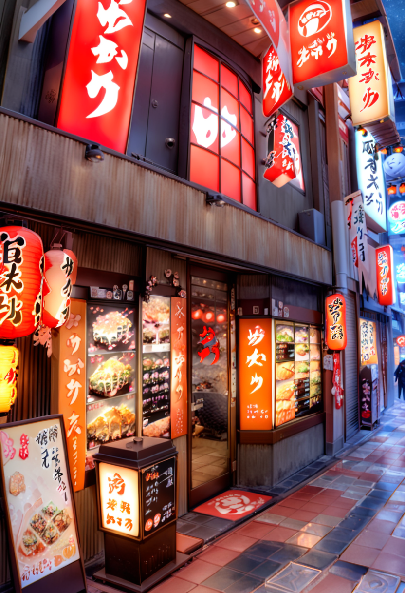 masterpiece, best quality, very aesthetic, absurdres,
yukari, scenery, storefront, japan, scenery, lantern, paper lantern, shop, tile floor, tiles, night, neon lights, outdoors, sign, pavement, food, storefront
 <lora:yukari_storefront_SDXL_V2:1>