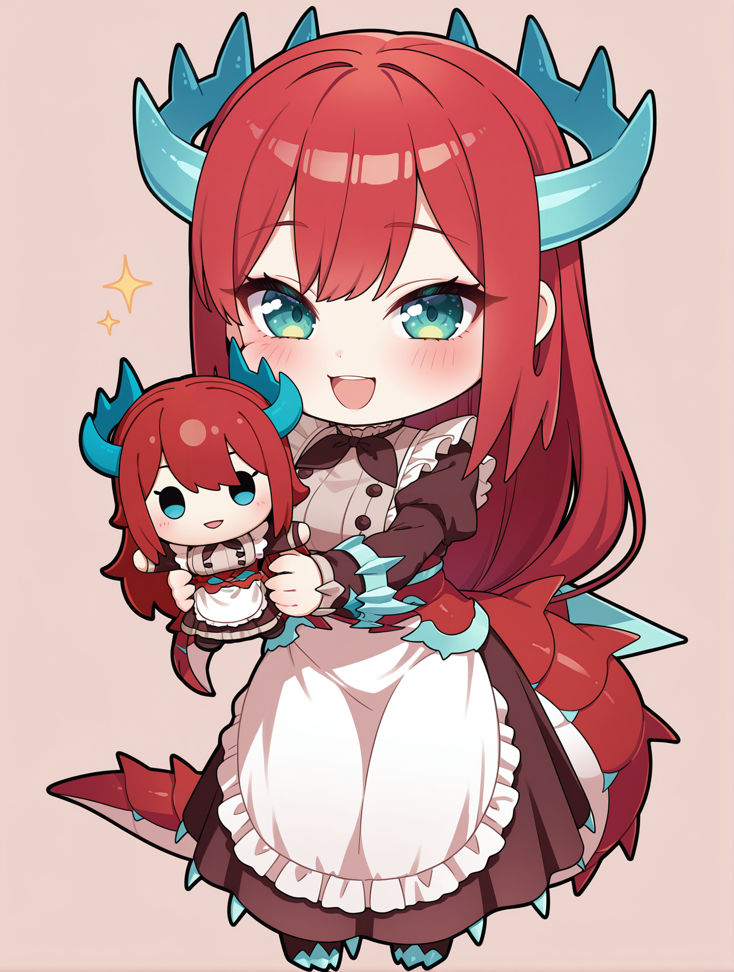 chibi, kitchen dragonmaid, 1girl, solo, blush, simple background, brown background, character doll, holding character doll, looking at viewer, open mouth, smile, brown maid clothes, brown claw boots,
masterpiece,best quality,amazing quality,very aesthetic,absurdres,newest,<lora:kitchen dragonmaid illuXL v1.1:0.72>,