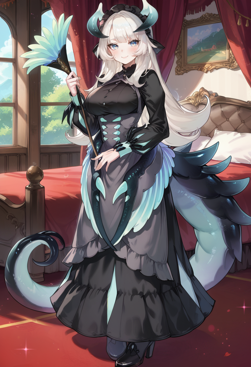 (score_9:0.9),score_8_up,score_7_up,rating_safe,anime style,(zPDXL),<lora:Chamber dragonmaid ponyXL v1:0.73>,chamber dragonmaid,1girl,curtains,solo,holding duster,indoors,black maid dress,looking at viewer,smile,full body,duster,sparkle,black mob cap,blush,standing,large breasts,closed mouth,window,low dragon wings,