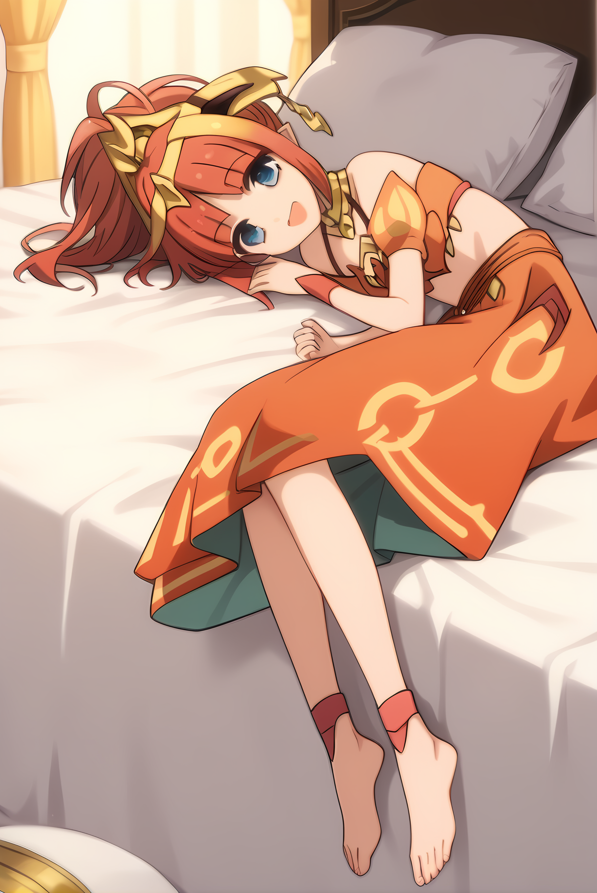 (orange dress midriff), mt-sandora, red hair, hair ornament, necklace, 1girl, solo, skinny, feet, score_9, score_8_up, score_8, score_7_up, score_7, source_anime, happy, bed, (full body|sitting|standing|lying|close-up| :1.20), <lora:mt-sandora-V01-000005:1.00>