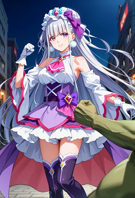 fcx, source_anime, uncensored, anime, flat color, detailed background, contrapposto, <lora:Expressive_H-000001:0.6>, Expressiveh, <lora:cureamour.pony:1>, cureamour, large breasts, headdress, purple dress, ascot, bare shoulders, wide sleeves, layered dress, detached sleeves, purple pom pom earrings, white gloves, thighhighs, knee boots, fighting stance, fist, smile, closed mouth, 1girl, 1boy, outdoors, city, monster, green-skinned orc, looking ahead, upper body, battle