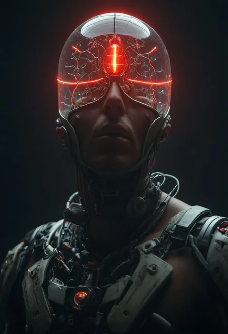 Red/White color graded, A mystic wired-cyborg with a lightbulb on his head, crepuscular rays, volumetric lighting, ultra detailed, an abyss that is repelling (moody deep dark-neon lightrays:1.1), 8k, amidst a swarm of drones