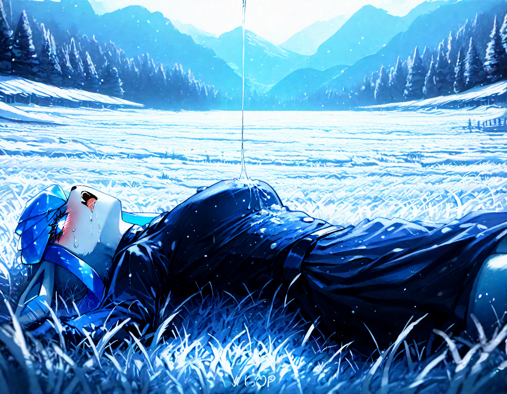 pokemon, glaceon , 1girl, ban! \(bansankan\):0.7, quasarcake:0.8, wlop:0.9, animal_ears ,animal_nose,blue_fur ,blue_hair ,blue_sclera, blue_sky ,blue skin,blue_theme, blurry, blush, body_fur, breasts,colored_sclera, cowboy_shot ,  fang, furry ,furry_female,  happy , medium breasts, looking_down , nose_blush, outdoors, personification ,pokemon_(creature),long_hair, shiny_skin ,sidelocks,sky, smile, solo ,sweat , tail ,white_eyes, long_sleeves, black_shirt ,black dress,leg_ribbon, ,
 pov, looking at viewer, lying, tongue ,tongue_out , open mouth, saliva,saliva_trail ,saliva_drip ,on back, licking ice,
snowy, snow, outdoors, field, mountain, cloudy sky, trees, fr0stwrld, ice ,
masterpiece, best quality, Good quality, very aesthetic, absurdres, newest, (Perfect details), solo,
<lora:Fr0stWrld4:0.7>, <lora:ponyv5_noobV065S_1_adamW:0.8>, <lora:illustrious_noobai_epsilon_pred_1_best_quality_v1:0.7> ,<lora:illustrious_noobai_epsilon_pred_11_very_aesthetic_v1:0.7> ,<lora:illustrious_noobai_epsilon_pred_1_masterpieces_v1:0.7>
