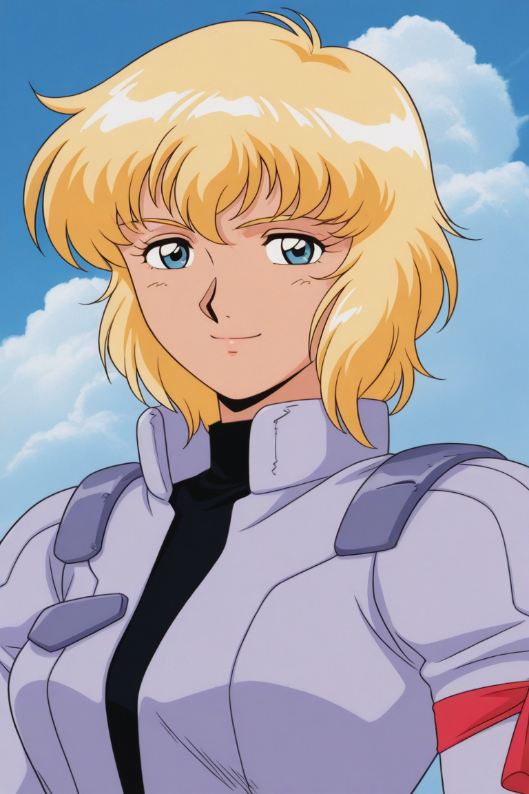 masterpiece, best quality, source_anime,official art,perfect_anatomy,1990s_\(style\),retro_artstyle, peggy lee,1girl,blonde hair,short hair,blue eyes,pilot suit,(beautiful detailed face,looking_at_viewer,smile),upper body,day,blue_sky,cloud