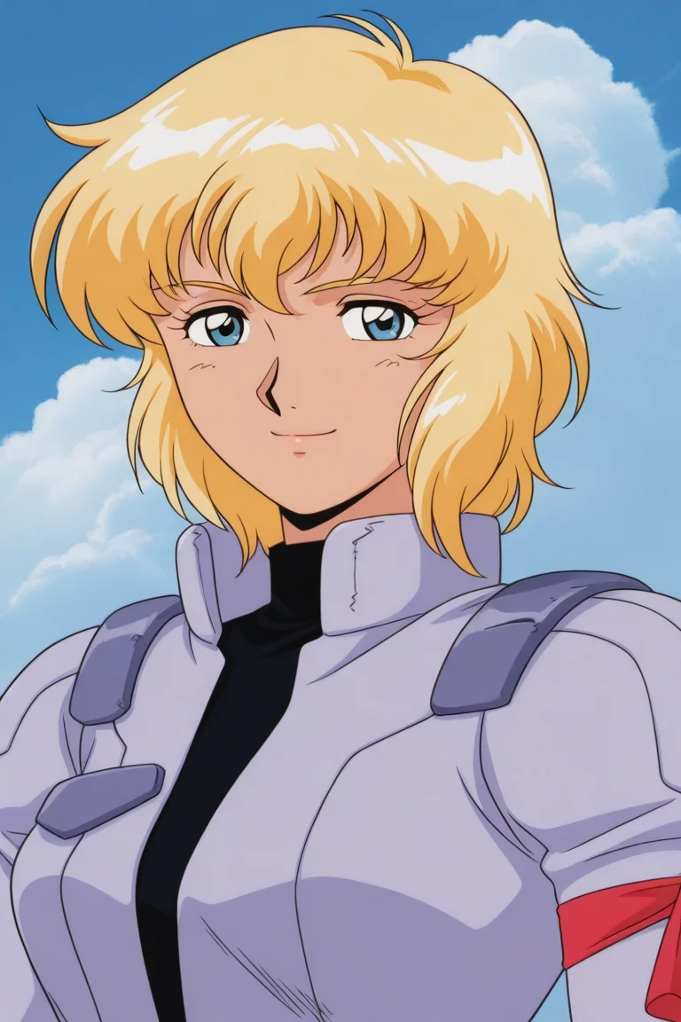 masterpiece, best quality, source_anime,official art,perfect_anatomy,1990s_\(style\),retro_artstyle, peggy lee,1girl,blonde hair,short hair,blue eyes,pilot suit,(beautiful detailed face,looking_at_viewer,smile),upper body,day,blue_sky,cloud