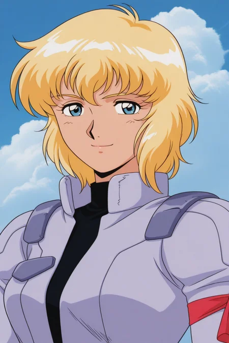 masterpiece, best quality, source_anime,official art,perfect_anatomy,1990s_\(style\),retro_artstyle, peggy lee,1girl,blonde hair,short hair,blue eyes,pilot suit,(beautiful detailed face,looking_at_viewer,smile),upper body,day,blue_sky,cloud