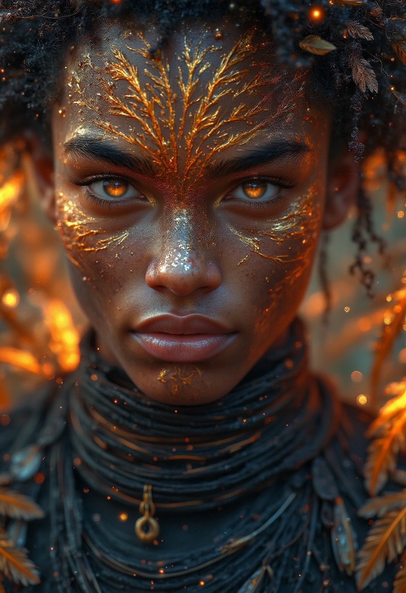 A striking portrait of a man with piercing amber eyes. His face is decorated with golden and copper makeup, creating a delicate web of lines that mimic the texture of tree branches and leaves. His lips are slightly curled into a mysterious smile, radiating an air of intrigue. The background is a soft gradient of fiery orange and dark shadows, emphasizing his mystic aura.