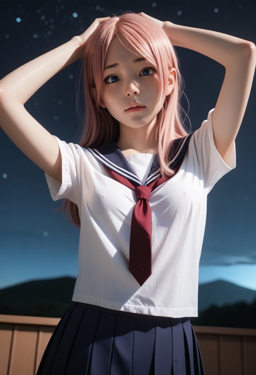 score_9,score_8_up,score_7_up,realistic , handfixer , embarrassed, 
1girl,solo, long hair , standing , armpit , shy pose, small breasts, highres,fantasy,beautiful detailed cloud,night sky,galaxy starry sky,moon,cute, short,perspective,dutch angle, bedroom , handfixer, blurry background , sweating , Takumi, pink hair, blue eyes , school uniform, short sleeve