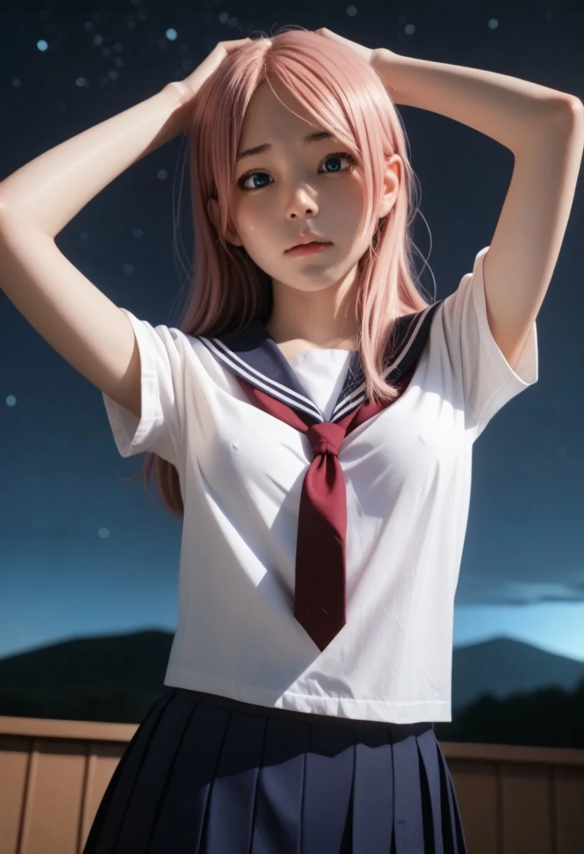 score_9,score_8_up,score_7_up,realistic , handfixer , embarrassed,
1girl,solo, long hair , standing , armpit , shy pose, small breasts, highres,fantasy,beautiful detailed cloud,night sky,galaxy starry sky,moon,cute, short,perspective,dutch angle, bedroom , handfixer, blurry background , sweating , Takumi, pink hair, blue eyes , school uniform, short sleeve