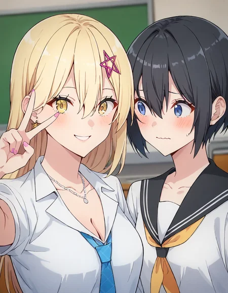 score_9, score_8_up, score_7_up, source_anime, cute face, 2girls, blurry background, indoors, scenery, classroom, upper body, BREAK
1girl, aria kisaki, blonde hair, long hair, hair between eyes, gold eyes, star hair ornament, stud earrings,
school uniform, white collared shirt, short sleeves, collarbone, cleavage, necklace, blue necktie, black hand scrunchie, pink nails,
v-pose, smile, selfie, looking at viewer,
<lora:aria_kisaki_anime_v2-soralz:0.7>
ADDCOL
1girl, noa, short hair, black hair, hair between eyes, dark blue eyes,
school uniform, black sailor collar, white shirt, yellow neckerchief, long sleeves,
embarrassed, wavy mouth, looking at another,
<lora:noa_anime_v2-soralz:0.7>