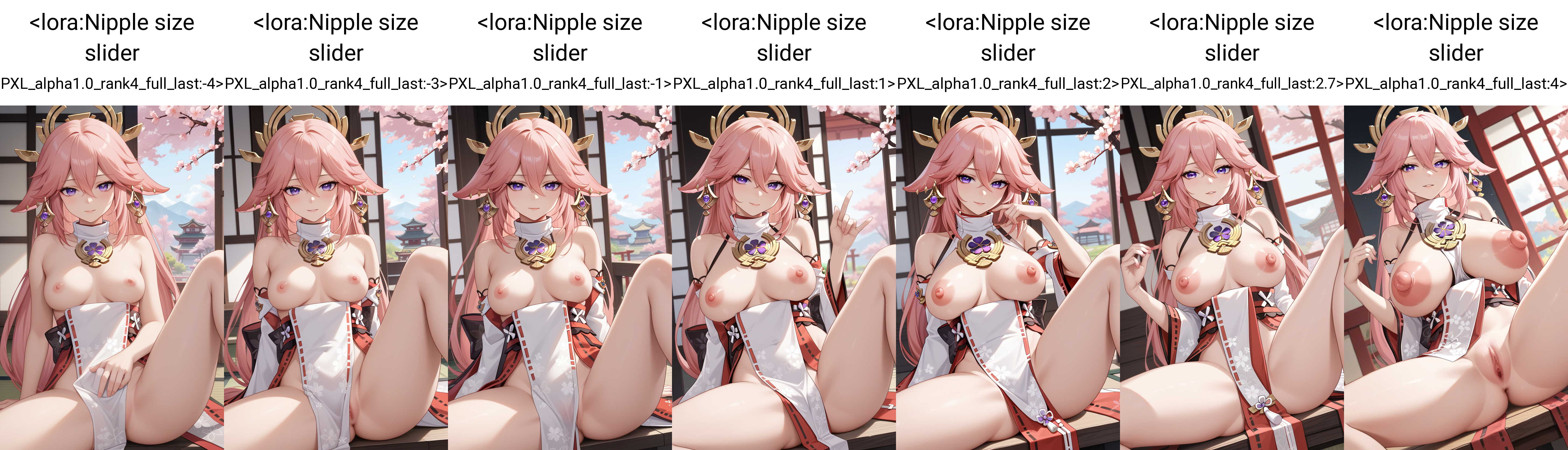 score_9, score_7_up, 1girl, nipples, medium breasts, looking at viewer, sitting, spread legs, yae miko,     <lora:Nipple size slider PXL_alpha1.0_rank4_full_last:-4>