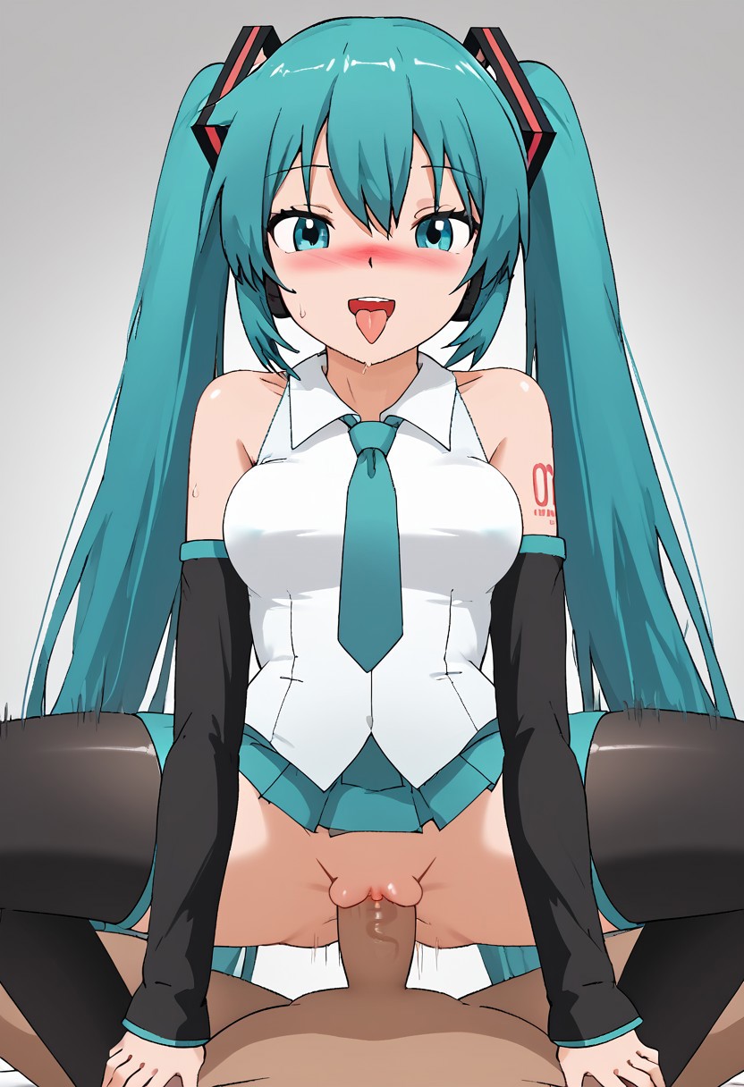 score_4,score_5,score_6,score_7_up,score_8_up,score_9 ((masterpiece,best quality,ultra detailed,highres,HD,4k:1.2)), 
Colorful background,
1 girl,1boy,hetero,pov,solo forcus,girl forcus, perfect penis,perfect nipples,perfect pussy, nsfw,Expressive,sex,straddling,cawgirl,cawgirl sex, blush,smile,open mouth,
 hatsune miku,absurdly long hair,aqua hair,twintails,hair ornament,sidelocks,hair between eyes,parted bangs, white shirt,collared shirt,bare shoulders,sleeveless shirt,aqua necktie,detached sleeves,black sleeves,shoulder tattoo,fringe,black thighhighs,miniskirt,pleated skirt,zettai ryouiki,thigh boots,
((open mouth,Sticking out tongue,blush,arousal, orgasmic arousal, sweat, steam,heart,heart effect)) ((motion blur, motion lines:1.2))