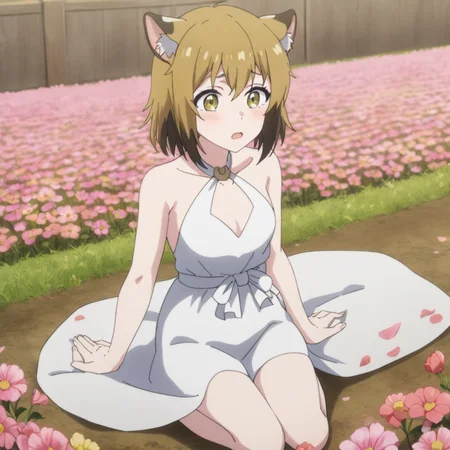 1girl, millie, masterpiece, best quality, very aesthetic, (dress:1.2), white dress, (flower field:1.2), small breasts, source_anime, <lora:millie_the-new-gate-000009:0.4>