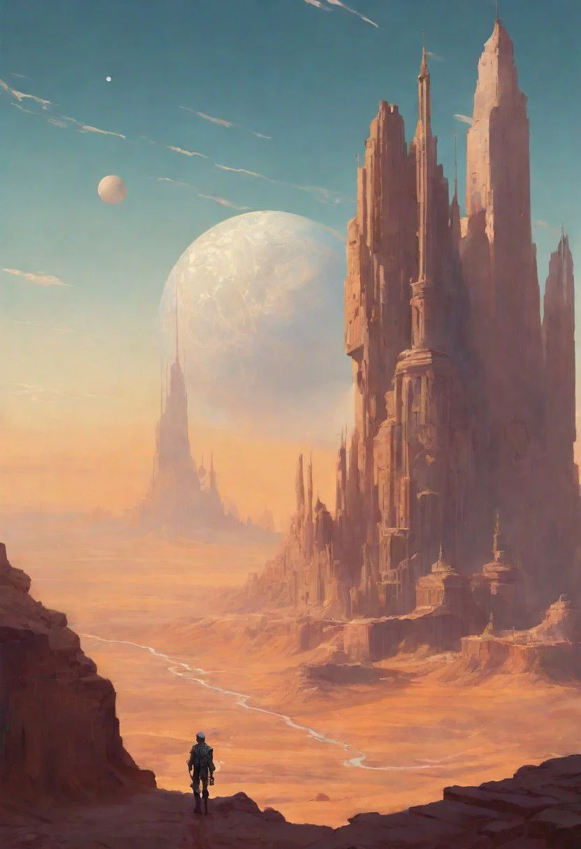 celestial sky, Loish, Leyendecker, james gilleard, celestial, ethereal, massive structure in distance, giant city, lost in desert