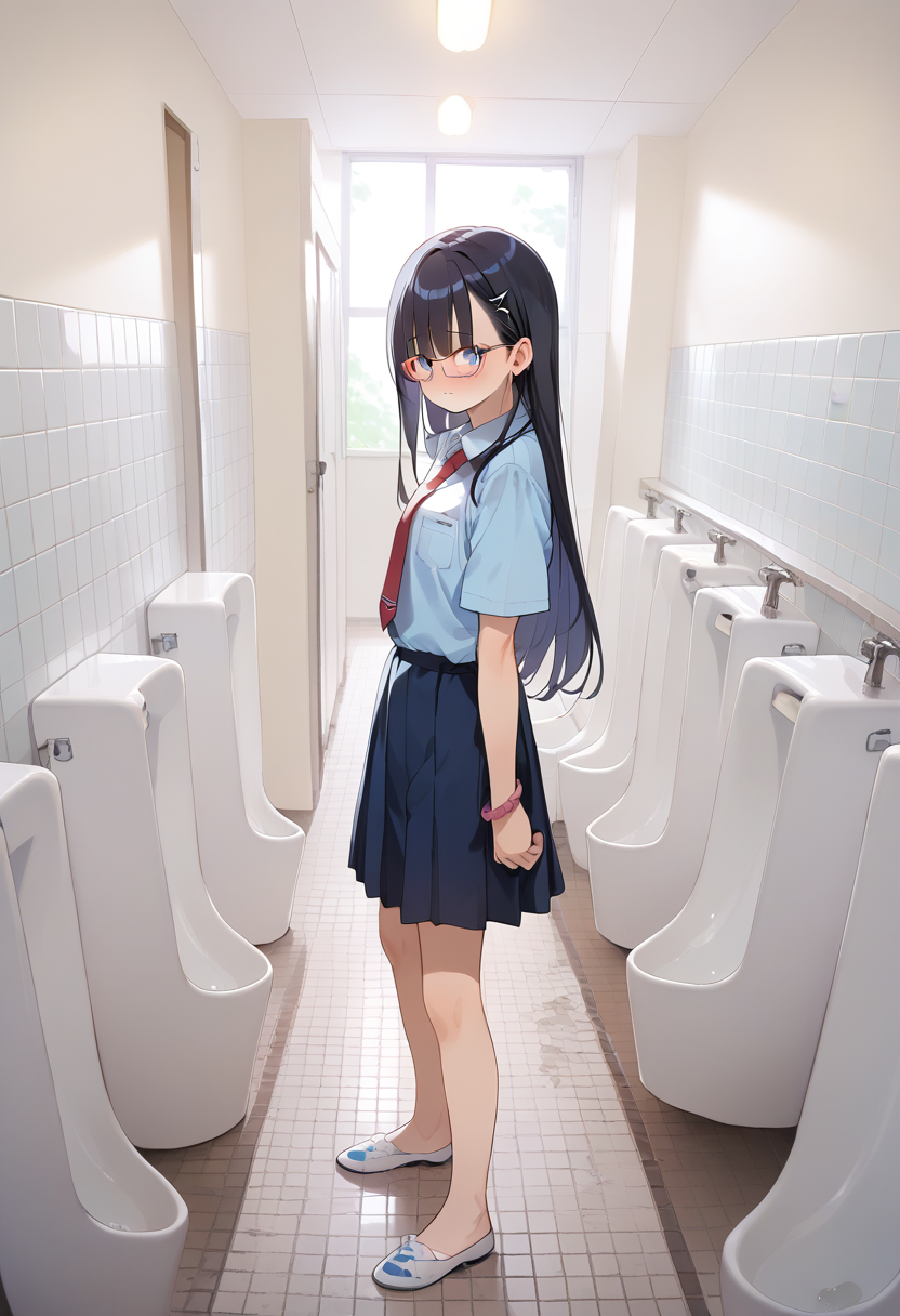 score_9, score_8_up, score_7_up, rating_safe, masterpiece, best quality, absurdres, unity 8k wallpaper, official art, official style, source_anime, game cg, megami magazine,
1girl, solo, glasses, black hair, long hair, blue eyes, collared shirt, red necktie, pleated skirt, blue skirt, looking at viewer, blush, embarrassed, 
koshitsu, door, indoors, toilet paper, tiles, tile floor, scenery, still life, tile wall, 
<lora:danshi_toilet_PONY_V5:0.6>