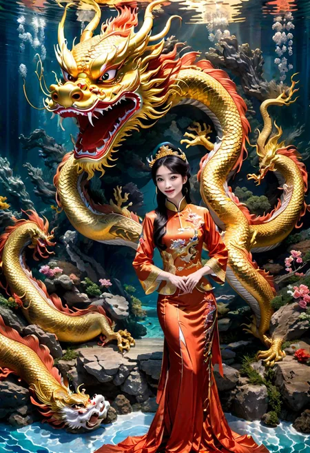 Chinese Dragon and Pretty lady, celebration Chinese New Year in the palace, under water world.