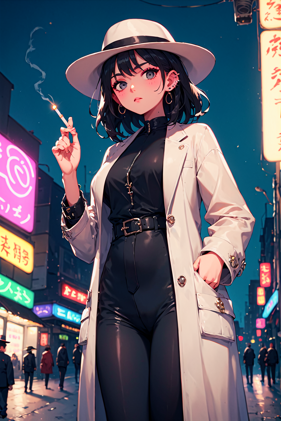 score_9, score_8_up, score_7_up, score_6_up,renpychargen,A noir detective, her skin pale from late nights and long hours spent chasing down leads, her face marked by the shadows of the city and adorned with a steely gaze, with piercing gray eyes and sleek black hair, standing in a dimly lit alleyway, surrounded by flickering neon lights and the distant sounds of the city, wearing a trench coat and fedora, holding a cigarette in one hand and a revolver in the other, captured from a low angle with a medium shot,embedding:SDXL\Positive\OverallDetail,<lora:sinfully_stylish_SDXL>,<lora:add-detail-xl:1>,<lora:xl_more_art-full_v1:0.7>,<lora:RenPy_Character_Generator:0.8>