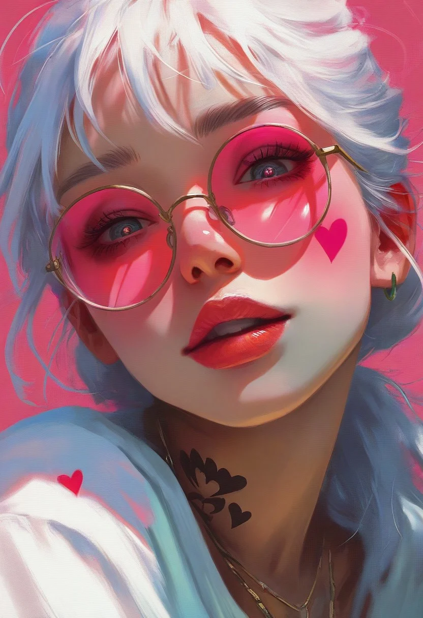 Femmes_ST, masterpiece, best quality, very aesthetic, high resolution, ultra-detailed, absurdres, newest, extremely detailed eyes, painterly, vibrant colours, pink filter,close-up portrait, 1 girl, shirt, jewelry, pink colours, heart blush, tattoo, necklace, ((white hair)), white shirt, parted lips, ((round eyewear)), in lush style