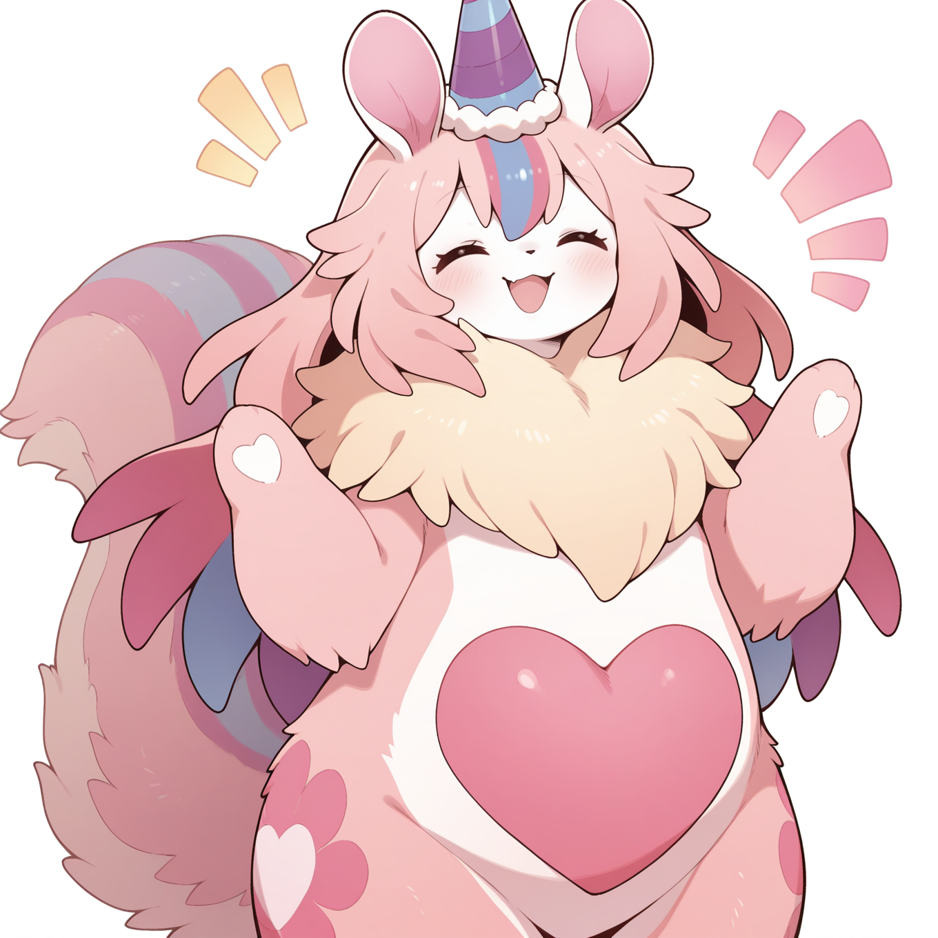 melffy mommy, solo, closed eyes, white background, open mouth, simple background, no humans, party hat, smile, blush, heart, ^^^, facing viewer, standing, animal focus, pink fur, animal nose,
masterpiece,best quality,amazing quality,very aesthetic,absurdres,newest,<lora:Melffy Mommy illuXL v1.1:0.75>,
