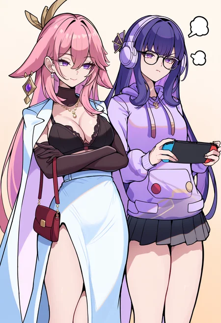 masterpiece, best quality, newest, absurdres, highres, <lora:YaeMiko_illusXLNoobAI_Incrs_v1-000013:1>, animal ears, floppy ears, pink hair, hair between eyes, purple eyes, medium breasts, hair ornament, earrings, jewelry, white cape, black bra, cleavage, necklace, black gloves, elbow gloves, white jacket, shirt, long skirt, white skirt, smile, handbag, crossed arms, 
<lora:RaidenShogun_illusXLNoobAI_Incrs_v1.1:1>, rdenShgunAnv, purple hair, sidelocks, purple eyes, glasses, bespectacled, headphones, hair ornament, purple hoodie, hood down, drawstring, long sleeves, necklace, jewelry, bag, pleated skirt, black skirt, contemporary, casual, nintendo switch, handheld game console, gaming, annoyed, side-by-side,