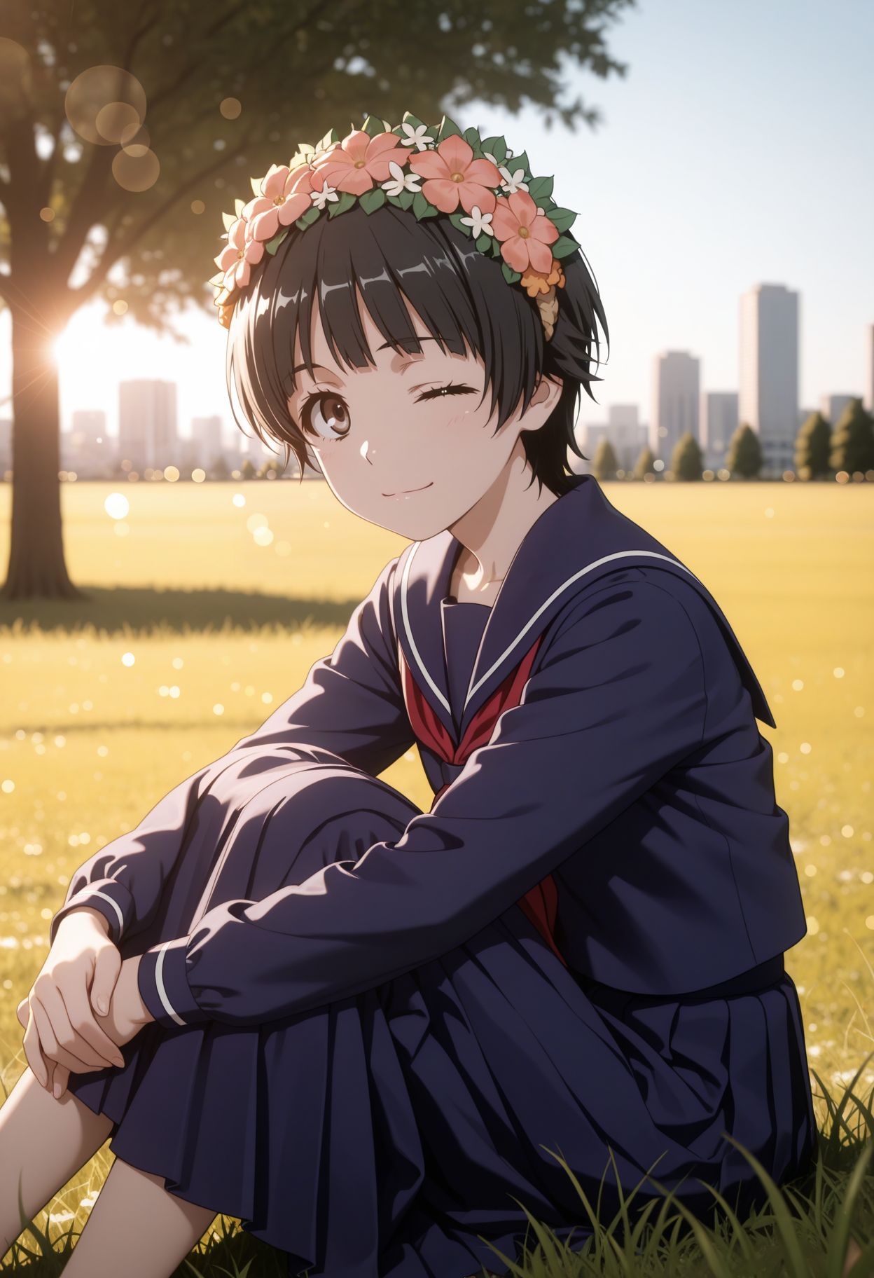 masterpiece,best quality,absurdres,highres,very aesthetic,high quality,detailed,insanely detailed,beautiful,perfect lighting, ,depth of field,blurry background,bokeh, looking at viewer, 
 <lora:Uiharu Kazari:1> 1girl, short hair, black hair, brown eyes, head wreath, sakugawa school uniform, winter uniform, blue serafuku ,red neckerchief blue sailor collar, blue skirt, blue shirt, long sleeves, long skirt
sitting, grass, hugging own legs, looking at viewer, from side, tree, field, city, wink, hand on hip,