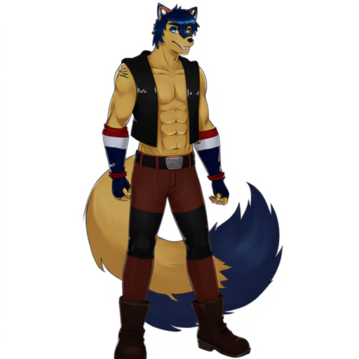 open vest, pectoral muscles, western cloths, fox ears, long tail, solo, shoulder tattoos, fingerless gloves, American flag styled sleeve, boots, average height, wolf boy, yellow body, blue eye brows, arm warmer, blue forearm fur, short hair, V1 Zannon Koitsu, digital art, Transparent background, blue eyes, black gloves, Soft shadows, anthro, v2 Zannon Koitsu, tattoos, Digital painting, fox tail, great art render, abs, Zannon Koitsu, two toned tail, black belt, male furry, two toned fur, bare chest, belt, two toned ears, sleeve, black vest, White background, buckle, high quality