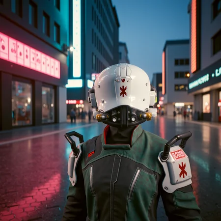 retro cyberpunk cyberpunk cityscape a high-resolution photo of (1girl, trauma_helmet, white helmet), gigantic boobs, on a downtown cyberpunk street in the middle of the day, noon, well lit <lora:traumaFLUX:1> . neon lights, dark alleys, skyscrapers, futuristic, vibrant colors, high contrast, highly detailed . 80's inspired, synthwave, neon, vibrant, detailed, retro futurism