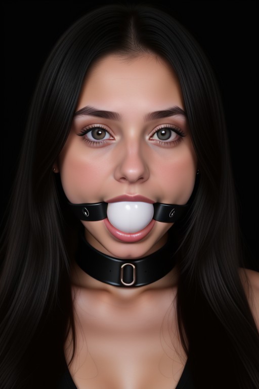 close up shot of a young woman with long hair in front of a black background, studio light, beautiful, pretty, detailed skin, skin pores, high contrast ((large wide black ball gag))