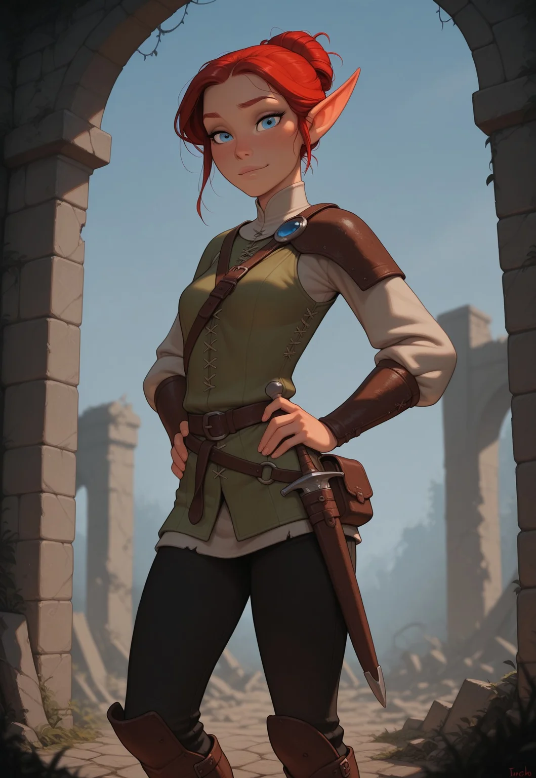 masterpiece, best quality, amazing quality, very aesthetic, DISNEY_ANIMATION, incoth, (incase:0.6), female, solo, (depth of field), medieval setting, ruins, day time, face focus
elf, red hair, blue eyes, cute face, slender, small breasts, updo hair, short elf ears, short ears
leather armor, dagger in scabbard, satchel, black pants, leather boots,
adventurer exploring ruins, looking at viewer, hands on hips, close up