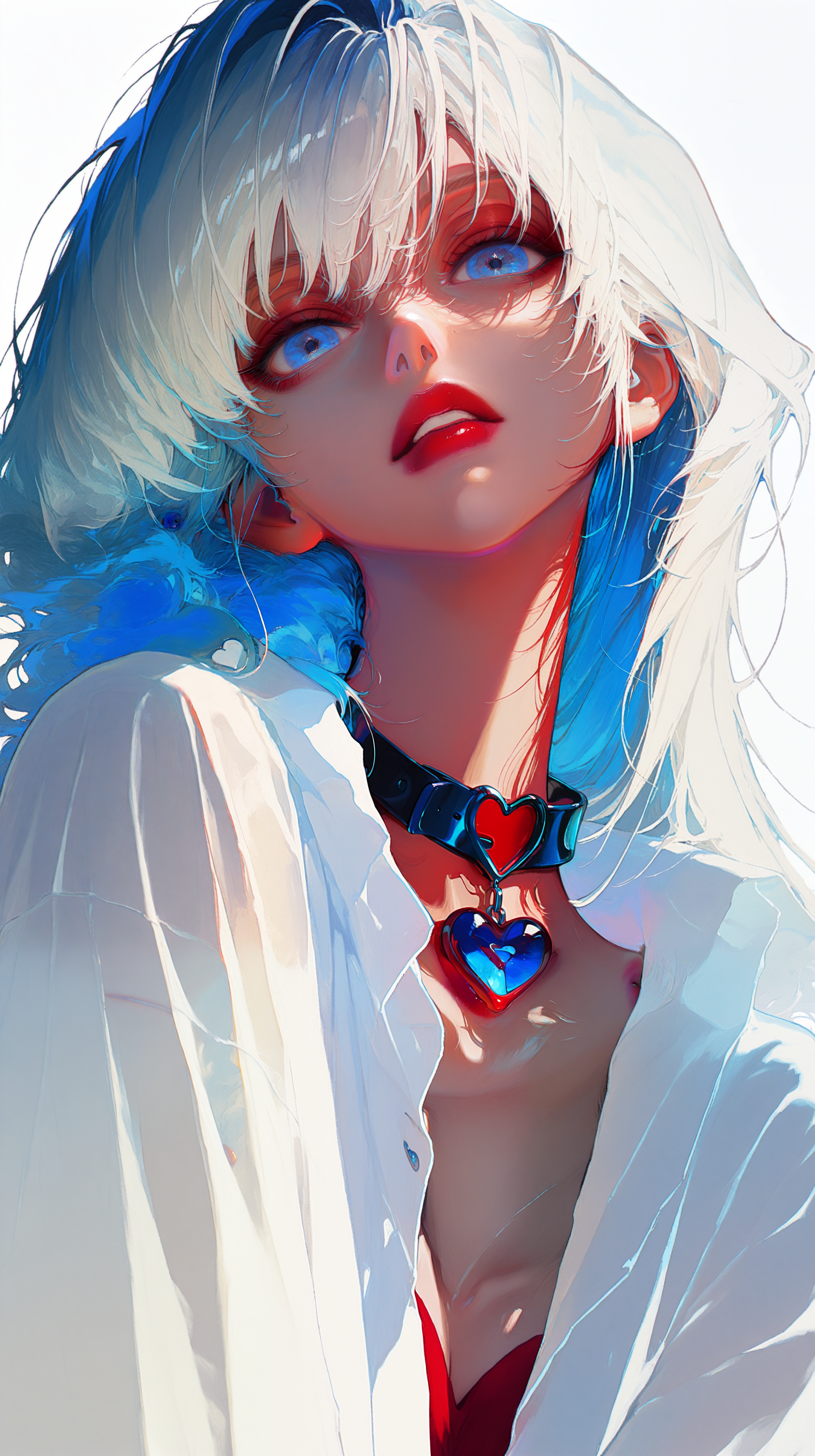 masterpiece, newest,absurdres,incrediblvy absurdres, best quality, amazing quality, very aesthetic, realistic face, retro artstyle, simple white background,
1girl,  parted lips, red lips, envy, open shirt, heart collar, blue eyes, looking at viewer,
<lora:HassaKu_style:1>  HassaKu_illu <lora:ka_marukogedago:1> k4_illu, <lora:Face_Enhancer_Illustrious:0.5>
