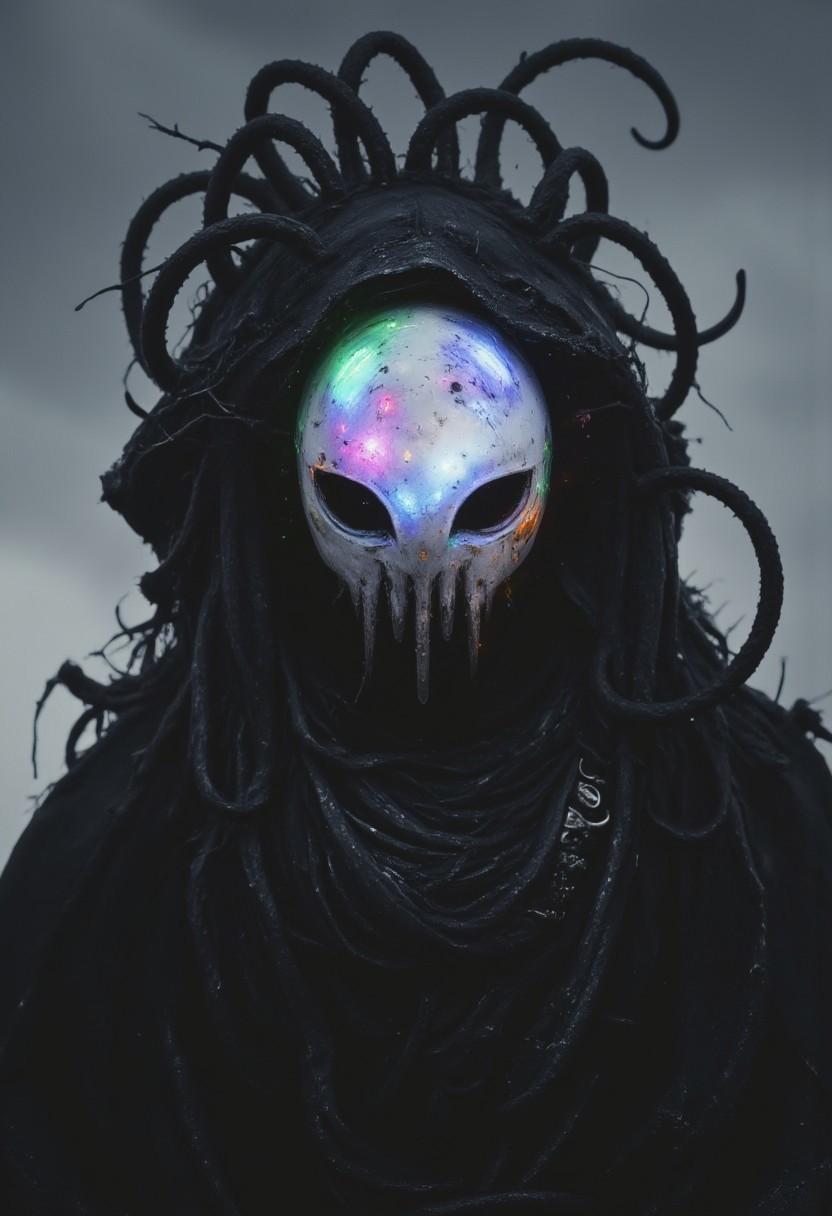 A monochrome Vintage Closeup Portrait of the helmet depicting a imposing, Pristine White Sci-fi knight,. intricate Closeup of His perfect designed translucent helmet and armor, The cloak is draped over a black, with exposed wires and mechanical parts visible at her shoulders.. The Warrior is covered in long, dark, sinuous tendrils that resemble tentacles, emerging from its back and wrapping around its arms, adding a menacing, alien quality. These tendrils are covered in small, metallic hooks and are attached to the figure's back, creating a chaotic, almost monstrous appearance. Her helmet is a futuristic, with multiple lines suggesting motion or energy discharges. miscujo, bleaked neon pink, Green, blue, orange atmospheric neon lighting,